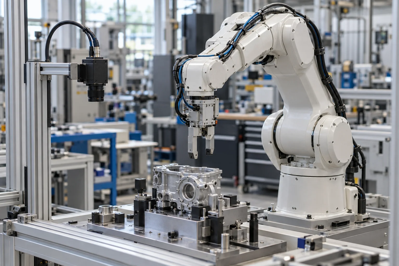 Ilustrativni prikaz industrijskog robota i vision kamere u proizvodnom okruženju